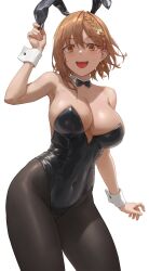 Rule 34 | 1girl, absurdres, animal ears, atelier (series), atelier ryza, bare arms, bare shoulders, black bow, black bowtie, black leotard, black pantyhose, blush, bow, bowtie, braid, breasts, brown eyes, brown hair, cleavage, commentary, covered navel, curvy, detached collar, earrings, english commentary, fake animal ears, free style (yohan1754), hair ornament, hand up, highleg, highleg leotard, highres, jewelry, large breasts, leotard, looking at viewer, medium hair, open mouth, pantyhose, playboy bunny, rabbit ears, reisalin stout, shiny skin, simple background, smile, solo, star (symbol), star earrings, thighs, white background, wide hips, wrist cuffs