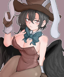 Rule 34 | 1girl, animal ears, aqua bow, aqua bowtie, arm support, bad anatomy, bare shoulders, black hair, black pantyhose, black wings, blush, bow, bowtie, breasts, brown gloves, cleavage, closed mouth, covered navel, cowboy shot, detached collar, expressionless, fake animal ears, fe (tetsu), feathered wings, gloves, hair between eyes, hand up, highres, kurokoma saki, large breasts, leotard, long hair, looking at viewer, outline, pantyhose, pegasus wings, playboy bunny, rabbit ears, red eyes, sitting, solo, strapless, strapless leotard, thighs, touhou, white outline, wings