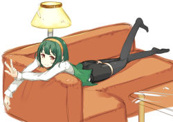 Rule 34 | 1girl, bad id, bad twitter id, black thighhighs, brown eyes, couch, glass, glass table, green hair, hairband, hanarito, headband, idolmaster, idolmaster (classic), lamp, leg up, looking at viewer, lying, miniskirt, mole, mole under mouth, no shoes, on stomach, otonashi kotori, pencil skirt, short hair, simple background, sketch, skirt, smile, solo, table, thighhighs, v, white background