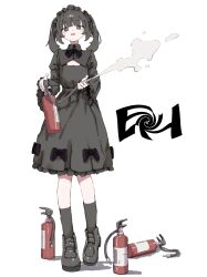 Rule 34 | 1girl, absurdres, belt, black belt, black bow, black bowtie, black dress, black eyes, black footwear, black hair, black socks, boots, bow, bowtie, cleavage cutout, clothing cutout, distortion, dress, fire extinguisher, frilled sleeves, frills, frown, full body, highres, holding, kneehighs, lolita fashion, long sleeves, looking at viewer, maid headdress, medium hair, nanoni!, open mouth, original, shadow, simple background, socks, solo, spraying, twintails, white background, wide sleeves