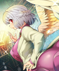 Rule 34 | 1girl, ass, braid, breasts, cowboy shot, feathered wings, from behind, from side, hand to own mouth, highres, huge ass, huge breasts, kishin sagume, large breasts, looking at viewer, looking back, looking to the side, open mouth, red eyes, silver hair, single wing, solo, touhou, umigarasu (kitsune1963), wings