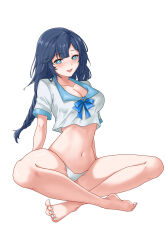 Rule 34 | 1girl, absurdres, aqua eyes, arms behind back, bare arms, bare legs, barefoot, blue bow, blue bowtie, blue collar, blue hair, blunt bangs, blush, bow, bowtie, braid, breasts, brooch, cleavage, collar, collared shirt, commentary request, crop top, cropped shirt, dark blue hair, esrever, hair ornament, hairclip, heart, heart-shaped pupils, heart brooch, highres, indian style, jewelry, legs, long hair, looking at viewer, medium breasts, midriff, nail polish, navel, no pants, open mouth, original, panties, shirt, short sleeves, simple background, single braid, sitting, smile, solo, stomach, swept bangs, symbol-shaped pupils, toes, underwear, white background, white panties, white shirt