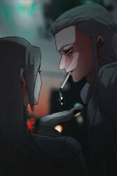 2boys black_nails cigarette coat commentary hair_behind_ear hair_intakes hair_slicked_back hand_up hexermer highres long_hair long_sleeves looking_at_another magaki_(kof) male_focus multiple_boys nail_polish parted_lips partially_shaded_face profile saiki_(kof) smoking the_king_of_fighters the_king_of_fighters_xiii white_coat white_hair