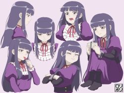 Rule 34 | 1girl, black hair, blush, candy, controller, crossed arms, crying, dress, eating, closed eyes, food, frills, frown, game controller, high score girl, highres, hime cut, holding, holding candy, holding food, jamrolypoly, juliet sleeves, lollipop, long hair, long sleeves, looking at viewer, multiple views, oono akira, open mouth, puffy sleeves, purple background, purple dress, red ribbon, ribbon, sidelocks, simple background, sitting, smile, standing, wrist cuffs