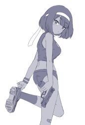 Rule 34 | 1girl, absurdres, adjusting clothes, adjusting footwear, adjusting shoe, ass, bandaid, bandaid on knee, bandaid on leg, bare arms, bare shoulders, breasts, buruma, closed mouth, commentary request, gun, hair ornament, hairband, hairclip, handgun, highres, holding, holding gun, holding weapon, ismuth (bibibibirite), looking at viewer, looking to the side, medium breasts, monochrome, original, shoe soles, shoes, simple background, socks, solo, standing, standing on one leg, sweatband, weapon, white background, wristband