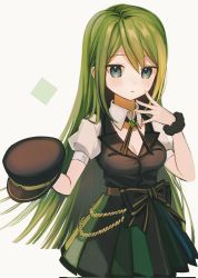 Rule 34 | 1girl, alina gray, aqua eyes, black bow, black hat, black necktie, black vest, blunt ends, bow, brooch, chain, collar, cross tie, detached collar, fur cuffs, gem, green gemstone, green hair, hair between eyes, hat, highres, jewelry, lapels, long hair, magia record: mahou shoujo madoka magica gaiden, magical girl, mahou shoujo madoka magica, miniskirt, multicolored clothes, multicolored hair, multicolored skirt, necktie, notched lapels, peaked cap, pleated skirt, puffy short sleeves, puffy sleeves, roseziny, see-through, see-through sleeves, short sleeves, sidelocks, skirt, sleeve cuffs, solo, straight hair, streaked hair, striped clothes, striped skirt, v-neck, vertical-striped clothes, vertical-striped skirt, very long hair, vest, waist bow, white collar, white sleeves