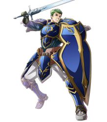 Rule 34 | 1boy, armor, armored boots, boots, draug (fire emblem), fire emblem, fire emblem: mystery of the emblem, fire emblem heroes, full body, gloves, green eyes, green hair, highres, itagaki hako, male focus, nintendo, official art, shield, solo, sword, teeth, transparent background, weapon