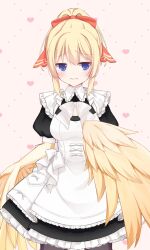 Rule 34 | 1girl, apron, artist request, black dress, blonde hair, blue eyes, bow, bowtie, breasts, closed mouth, collar, dress, feathers, frilled collar, frilled dress, frills, hair ribbon, harpy, heart, heart background, highres, indie virtual youtuber, juliet sleeves, long sleeves, maid, maid apron, maid day, mavia (vtuber), monster girl, orange ribbon, pink background, puffy sleeves, ribbon, second-party source, solo, virtual youtuber, white apron, white bow, white bowtie, white collar, yellow feathers