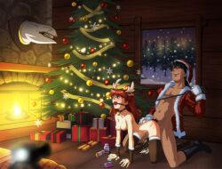 1boy absurdres amondetauro ball_gag bdsm boots breasts christmas christmas_tree doggystyle fire gag gloves hat hetero highres kaji_ryouji mass_production_eva neon_genesis_evangelion nipples nude open_mouth orange_hair pine_tree santa_hat sex sex_from_behind snow souryuu_asuka_langley tree white_gloves