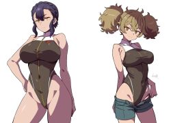 Rule 34 | 2024, 2girls, adapted costume, adapted uniform, asticassia school uniform, batta 16-sei, black leotard, braid, breasts, brown eyes, brown hair, clothes pull, collared leotard, covered navel, curly hair, gundam, gundam suisei no majo, hand on own hip, highleg, highleg leotard, highres, large breasts, leotard, light smile, looking at viewer, multiple girls, open clothes, open shorts, purple hair, renee costa, sabina fardin, school uniform, short hair, short twintails, shorts, shorts pull, signature, skin tight, smile, standing, thick eyebrows, thighhighs, thighs, twintails, white background, yellow eyes