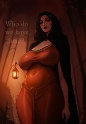 1girl black_cloak black_hair breasts cloak dress dzenrei_(dzenrei_art) english_text highres holding holding_lantern lantern large_breasts long_dress long_hair looking_at_viewer mother_gothel navel red_dress solo tangled