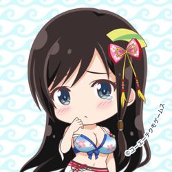 Rule 34 | 1girl, bikini, bikini skirt, black hair, blue eyes, blush, breasts, chibi, cleavage, dead or alive, dead or alive xtreme venus vacation, floral print, hair ornament, kokoro (doa), large breasts, long hair, looking at viewer, lowres, navel, official art, patterned background, standing, strap slip, swimsuit, tecmo, upper body, wave print