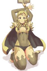 Rule 34 | 1girl, ahoge, arms up, bad id, bad twitter id, barefoot, blonde hair, book, breasts, cape, center opening, cleavage, fire emblem, fire emblem fates, long hair, namekomeshi, nintendo, ophelia (fire emblem), solo, toeless legwear, toes