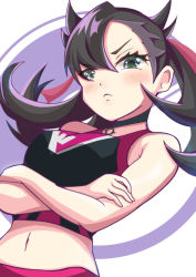 Rule 34 | 1girl, bare arms, black hair, black shirt, blush, breasts, closed mouth, creatures (company), crop top, crossed arms, floating hair, frown, game freak, green eyes, hair between eyes, highres, long hair, looking at viewer, looking down, marnie (pokemon), medium breasts, midriff, navel, nintendo, notice miura, pokemon, pokemon swsh, shirt, sleeveless, sleeveless shirt, solo, sportswear, stomach, twintails, upper body