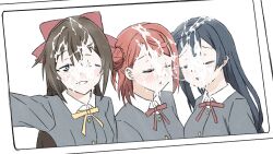 3girls absurdres after_ejaculation azuna_(love_live!) black_hair blue_eyes brown_hair bukkake closed_eyes cum cum_on_clothes cum_on_ears cum_on_hair cum_string hetero highres love_live! love_live!_nijigasaki_high_school_idol_club multiple_girls nijigasaki_school_uniform one_eye_closed orange_hair osaka_shizuku school_uniform selfie shizuwonderland smile uehara_ayumu yuki_setsuna