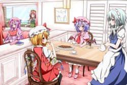 Rule 34 | 6+girls, apron, ascot, bad id, bad pixiv id, bat wings, blonde hair, blue dress, blue eyes, blue hair, blue sky, blush, book, braid, brooch, cake, capelet, chair, closed eyes, cookie, couch, crescent, cup, dress, eating, female focus, flandre scarlet, food, hat, head wings, hong meiling, izayoi sakuya, jewelry, karamoneeze, koakuma, lake, long hair, long sleeves, maid, maid apron, maid headdress, multiple girls, open book, panties, patchouli knowledge, photo (object), plant, puffy sleeves, purple eyes, purple hair, reading, red eyes, red hair, remilia scarlet, shirt, short hair, short sleeves, siblings, silver hair, sisters, sitting, skirt, skirt set, sky, sleeping, sleeping upright, smile, socks, star (symbol), striped clothes, striped dress, table, teacup, teapot, touhou, twin braids, underwear, vest, vines, waist apron, white legwear, window, wings, zzz