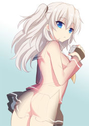 Rule 34 | 10s, 1girl, ass, blue eyes, breasts, brown skirt, charlotte (anime), flat ass, fuyuichi, gradient background, long hair, looking at viewer, no bra, no panties, nude, school uniform, skirt, solo, tomori nao, two side up, white hair, x-ray