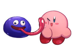 Rule 34 | 2boys, blue eyes, blue skin, blush stickers, chiimako, colored skin, full body, gooey (kirby), kirby, kirby&#039;s dream land 3, kirby (series), long tongue, multiple boys, nintendo, no humans, one eye closed, open mouth, pink skin, smile, tongue, tongue out, white background