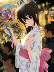 Rule 34 | 1girl, black eyes, black hair, floral print, japanese clothes, kimono, kota, long hair, miss surfersparadise, original, ponytail, print kimono, solo, sunset, white kimono, yukata