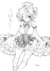Rule 34 | 1girl, ahoge, azur lane, bare shoulders, blush, breasts, detached sleeves, feet out of frame, greyscale, hair over one eye, large breasts, looking at viewer, monochrome, red eyes, short hair, simple background, skirt, smile, takatsuki ichi, terror (azur lane), translation request, watermark, white background