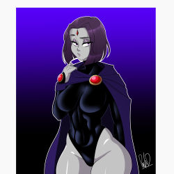 Rule 34 | 1girl, absurdres, alternate breast size, bare legs, black leotard, breasts, cameltoe, cape, covered navel, curvy, dc comics, expressionless, gradient background, highleg, highleg leotard, highres, leotard, lips, parvad, purple hair, raven (dc), shiny skin, simple background, solo, standing, thong leotard, wide hips