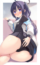 Rule 34 | 1girl, :d, ass, black panties, blue archive, blue eyes, blush, breasts, halo, hand on own ass, hannari369, highres, jacket, long hair, long sleeves, looking at viewer, medium breasts, necktie, off shoulder, open clothes, open mouth, panties, purple hair, shirt, simple background, skirt, smile, solo, tearing up, thighs, two side up, underwear, upskirt, wavy mouth, white shirt, yuuka (blue archive)