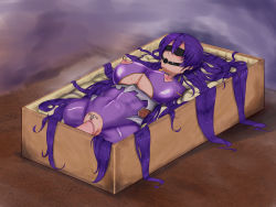 Rule 34 | 1girl, akiyama rinko, amputee, bad end, ball gag, bdsm, blindfold, body writing, bodysuit, bondage, bound, breasts, clitoris, clitoris piercing, crotchless, dildo, dutch angle, female focus, full body, functionally nude, gag, in container, kokoneri, large breasts, linea alba, long hair, lying, nipple piercing, nippleless clothes, nipples, no bra, no panties, object insertion, on back, piercing, pubic tattoo, purple bodysuit, purple hair, pussy, pussy juice, pussy piercing, quadruple amputee, sex toy, skin tight, slave, solo, sweat, taimanin (series), taimanin yukikaze, tattoo, text focus, uncensored, undercleavage, vaginal, vaginal object insertion, very long hair