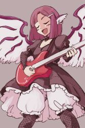 Rule 34 | 1girl, alternate hairstyle, animal ears, bird ears, bird wings, black dress, black pantyhose, bloomers, blush, dress, earrings, electric guitar, closed eyes, feet out of frame, grey background, guitar, highres, holding, holding instrument, instrument, itatatata, jewelry, juliet sleeves, long sleeves, music, mystia lorelei, open mouth, pantyhose, pink hair, playing instrument, puffy sleeves, short hair, simple background, single earring, smile, solo, touhou, underwear, white bloomers, white wings, wings
