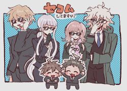 2girls 30en_(esx5g) 4boys ahoge black_gloves black_pants blush_stickers bow breasts brown_hair chibi danganronpa:_trigger_happy_havoc danganronpa_(series) danganronpa_2:_goodbye_despair danganronpa_3_(anime) ear_bow formal_clothes gloves green_jacket grey_hair happy headset hinata_hajime jacket kirigiri_kyoko komaeda_nagito large_breasts long_hair long_sleeves medium_hair monomi_(danganronpa) multiple_boys multiple_girls naegi_makoto nanami_chiaki necktie open_clothes open_jacket pants ponytail purple_jacket purple_necktie short_hair skirt smile standing sunglasses togami_byakuya translation_request