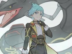 Rule 34 | 1boy, alternate color, belt, black gloves, black sclera, blue eyes, blue hair, closed mouth, collar, colored sclera, commentary request, creatures (company), flower, game freak, gem, gen 3 pokemon, gloves, highres, legendary pokemon, long sleeves, looking at viewer, male focus, nintendo, official alternate costume, pokemon, pokemon (creature), pokemon masters ex, rata (m40929), rayquaza, shiny pokemon, shirt, short hair, smile, spiked hair, steven stone, steven stone (anniversary 2021), white background, white shirt, yellow eyes