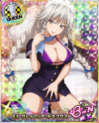 Rule 34 | 1girl, alternate costume, blue bow, bow, bra, braid, breasts, card (medium), chess piece, cleavage, female focus, grayfia lucifuge, grey eyes, grey hair, hair bow, high school dxd, kneeling, large breasts, long hair, looking at viewer, maid headdress, matching hair/eyes, mature female, official art, purple bra, queen (chess), red lips, scarf, smile, solo, travel attendant, twin braids, underboob, underwear