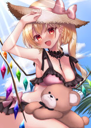 Rule 34 | 1girl, :d, alternate breast size, armpits, between breasts, bikini, black mask, blue sky, blush, bow, bow bikini, braid, breast press, breasts, choker, cleavage, cloud, cowboy shot, crystal, day, fang, flandre scarlet, french braid, frilled bikini, frilled choker, frills, hand on own head, hat, hat bow, head tilt, highres, kneeling, large breasts, long hair, looking at viewer, mask, mouth mask, one side up, open mouth, outdoors, palm tree, pink bikini, pink bow, pointy ears, polka dot, polka dot bikini, polka dot bow, red eyes, shanghai bisu, short braid, side braid, sidelocks, single braid, sky, smile, solo, straw hat, stuffed animal, stuffed toy, sun hat, sunlight, swimsuit, teddy bear, touhou, tree, wings