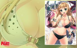Rule 34 | 1girl, action pizazz, bag, bikini, black bikini, blonde hair, bracelet, breasts, cleavage, earrings, fang, green eyes, highres, jewelry, kuon michiyoshi, large breasts, long hair, lots of jewelry, nail polish, navel, official art, official wallpaper, open mouth, polka dot, polka dot bikini, polka dot swimsuit, shiny skin, smile, solo, sunglasses, swimsuit, wallpaper, zoom layer