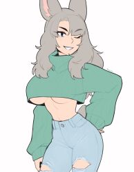Rule 34 | 1girl, ;), animal ears, arm at side, artist name, blue eyes, breasts, cowboy shot, cropped sweater, green sweater, grey hair, hand on own hip, highres, large breasts, long hair, long sleeves, looking at viewer, midriff, one eye closed, original, pants, parted lips, puffy long sleeves, puffy sleeves, rabbit ears, rob ishi, simple background, smile, solo, sweater, tail, torn clothes, torn pants, turtleneck, turtleneck sweater, underboob, white background