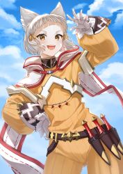 Rule 34 | 1girl, :d, animal ear fluff, animal ears, arm up, blue sky, bodysuit, brown bodysuit, brown eyes, cloud, cloudy sky, commentary request, cowboy shot, dagger, day, fangs, forehead, gloves, grey hair, hand on own hip, highres, hijiri (sacra 0419), knife, long sleeves, looking at viewer, nia (xenoblade), open mouth, outdoors, puffy long sleeves, puffy sleeves, sheath, sheathed, short hair, sky, sleeves past wrists, smile, solo, standing, thick eyebrows, v-shaped eyebrows, weapon, white gloves, xenoblade chronicles (series), xenoblade chronicles 2