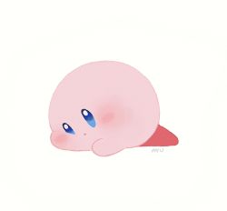 Rule 34 | 1other, :o, ayu (mog), blue eyes, blush, commentary request, from side, full body, kirby, kirby&#039;s dream land, kirby (series), lying, no humans, on stomach, parted lips, signature, simple background, solo, white background