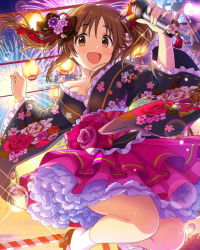 Rule 34 | 10s, 1girl, artist request, black ribbon, breasts, brown eyes, brown hair, cleavage, fireworks, flower, frilled kimono, frills, idolmaster, idolmaster cinderella girls, japanese clothes, jumping, kimono, kimono skirt, microphone, official art, petticoat, pink rose, ribbon, rose, smile, solo, thighs, totoki airi, twintails