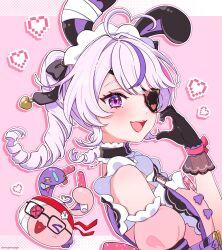 Rule 34 | 1girl, ahoge, animal ears, bare shoulders, black choker, blush, choker, detached sleeves, drill hair, eyepatch, from side, half-heart hands, heart, heart ahoge, highres, holding glowstick, looking at viewer, maid, maid headdress, maria marionette, maria marionette (2nd costume), marippet (maria marionette), medium hair, mugimugigo, multicolored hair, nijisanji, nijisanji en, open mouth, outline, pink background, pink eyes, pink hair, rabbit ears, smile, twin drills, twitter username, white outline