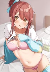 Rule 34 | 1girl, absurdres, bed, bed sheet, blush, bow, bow panties, bra, breasts, brown hair, cleavage, clothes lift, clothes pull, collarbone, commentary request, hair between eyes, hair bow, hair bun, highres, idolmaster, idolmaster shiny colors, lifted by self, looking at viewer, medium breasts, navel, on bed, open mouth, osaki tenka, panties, pants, pants pull, pillow, pink bra, pink panties, shirt, shirt lift, sidelocks, single hair bun, sitting, solo, stomach, tissue box, underwear, wanimaru, white shirt, yellow eyes