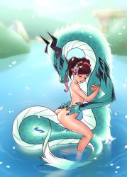 Rule 34 | 1girl, ass, bad id, bestiality, dragon, eastern dragon, closed eyes, from side, highres, implied sex, interspecies, lake, momohime, nude, oboro muramasa, optionaltypo, outdoors, straddling, upright straddle