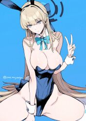 Rule 34 | 1girl, absurdres, animal ears, bare shoulders, blonde hair, blue archive, blue eyes, blue leotard, blush, bow, bowtie, braid, breasts, cleavage, detached collar, earpiece, fake animal ears, french braid, halo, highleg, highleg leotard, highres, isao, large breasts, leotard, long hair, looking at viewer, playboy bunny, rabbit ears, solo, thighhighs, thighs, toki (blue archive), toki (bunny) (blue archive), v, white thighhighs, wrist cuffs