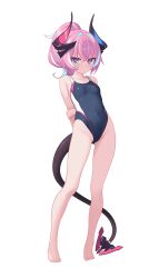 1girl absurdres adapted_costume asymmetrical_horns bare_shoulders barefoot blue_eyes blue_hair budesonide closed_mouth competition_school_swimsuit hair_between_eyes hair_intakes highres honkai_(series) honkai_impact_3rd horns long_hair looking_at_viewer mismatched_horns multicolored_hair old_school_swimsuit one-piece_swimsuit pink_hair pink_pupils ponytail rozaliya_olenyeva rozaliya_olenyeva_(fervent_tempo) school_swimsuit solo streaked_hair swimsuit tail thick_eyebrows