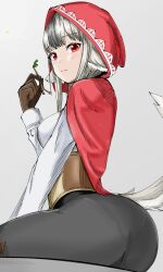 Rule 34 | 1girl, animal ears, ass, black hair, brown gloves, cat neko cat, fire emblem, fire emblem fates, gloves, grey hair, highres, looking at viewer, looking back, multicolored hair, nintendo, pantylines, red eyes, red hood, simple background, solo, streaked hair, tail, velouria (fire emblem), wolf ears, wolf girl, wolf tail