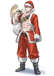Rule 34 | 1boy, abs, belt, belt buckle, boots, buckle, emiya shirou, fate/grand order, fate (series), full body, fur-trimmed jacket, fur trim, gift bag, gloves, hat, highres, jacket, looking at viewer, male focus, muscular, muscular male, navel, open clothes, orange hair, santa costume, santa hat, senji muramasa (fate), simple background, smile, solo, syo chikubai, white background, yellow eyes