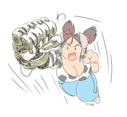Rule 34 | 1girl, breasts, brown hair, cleavage, cow girl, hataraki ari, horns, huge breasts, mechanical arms, open mouth, original, single mechanical arm, smile, solo, sukimi, twintails, yellow eyes