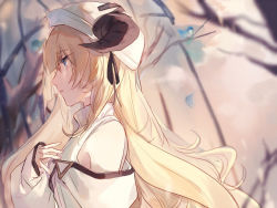 Rule 34 | 1girl, apple da-ze, arknights, bare shoulders, beret, blonde hair, blue eyes, dress, facing to the side, from side, hand up, hat, horns, long hair, looking afar, nightingale (arknights), off-shoulder dress, off shoulder, outdoors, parted lips, simple background, solo, tree, upper body, white dress, white hat