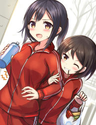 Rule 34 | 2girls, black hair, blush, breasts, brown eyes, brown hair, commentary request, food, highres, holding, jacket, long sleeves, medium breasts, multiple girls, one eye closed, open mouth, original, pocky, sakura ani, short hair, smile, sweatdrop, track jacket, track suit, zipper