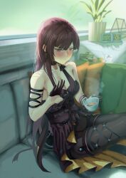 Rule 34 | 1girl, absurdres, black gloves, black pantyhose, blush, breasts, cleavage, closed mouth, commentary, couch, cup, dress, drink, english commentary, girls&#039; frontline, girls&#039; frontline 2: exilium, gloves, half gloves, highres, holding, holding cup, long hair, looking at viewer, official alternate costume, pantyhose, purple dress, purple hair, red eyes, shidoni, sitting, solo, teacup, wa2000 (ballroom interlude) (girls&#039; frontline), wa2000 (girls&#039; frontline)