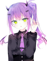 Rule 34 | 1girl, absurdres, black shirt, collared shirt, commentary request, demon girl, demon horns, demon wings, fang, green eyes, hair ornament, hairclip, highres, hololive, horns, looking at viewer, multicolored hair, necktie, open mouth, pink hair, purple hair, purple necktie, shigureszku, shirt, side ponytail, solo, tokoyami towa, virtual youtuber, wings