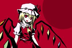 Rule 34 | 1girl, blonde hair, cowboy shot, female focus, flandre scarlet, flat color, hat, head tilt, mob cap, red background, red eyes, ribbon, simple background, smile, solo, standing, touhou, wings